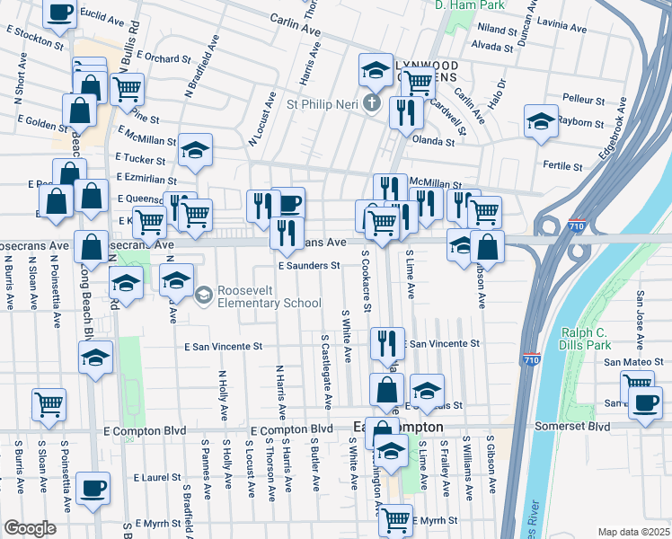 map of restaurants, bars, coffee shops, grocery stores, and more near 14403 South White Avenue in Compton