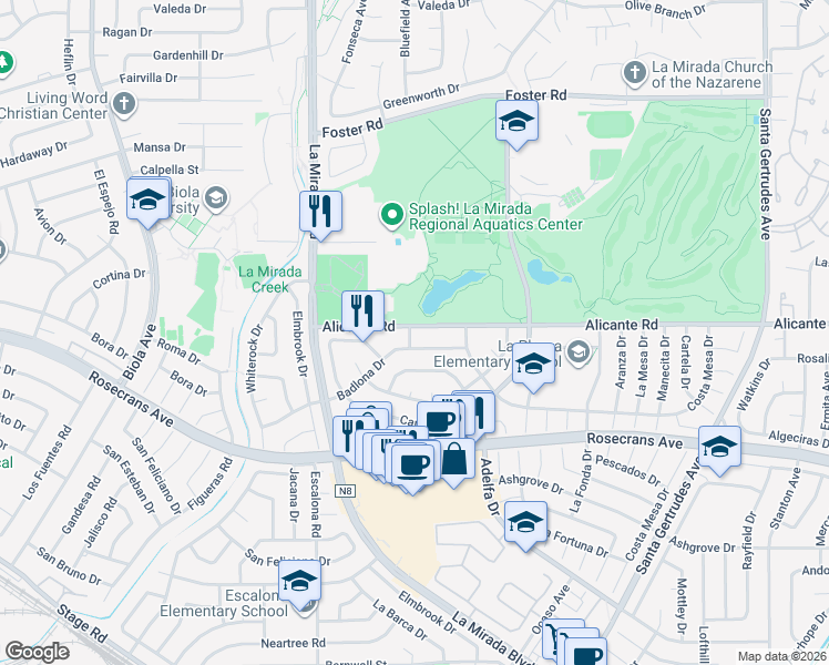 map of restaurants, bars, coffee shops, grocery stores, and more near 14304 Bluefield Avenue in La Mirada