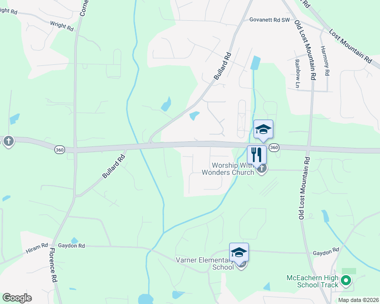 map of restaurants, bars, coffee shops, grocery stores, and more near 4928 Macland Road in Powder Springs