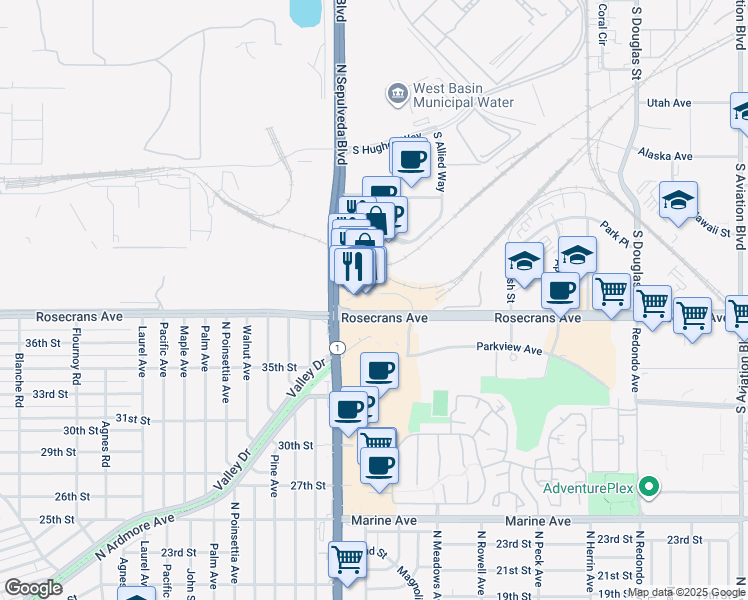 map of restaurants, bars, coffee shops, grocery stores, and more near 860 Pacific Coast Highway in El Segundo