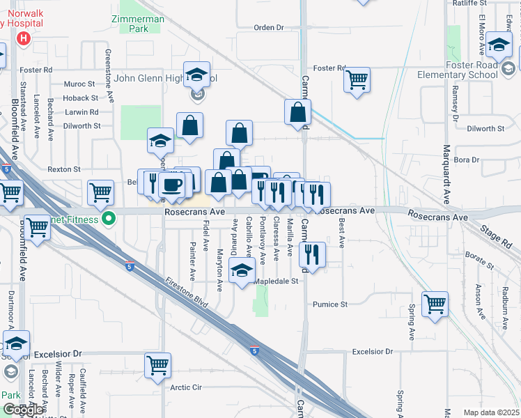 map of restaurants, bars, coffee shops, grocery stores, and more near 13217 Rosecrans Avenue in Santa Fe Springs