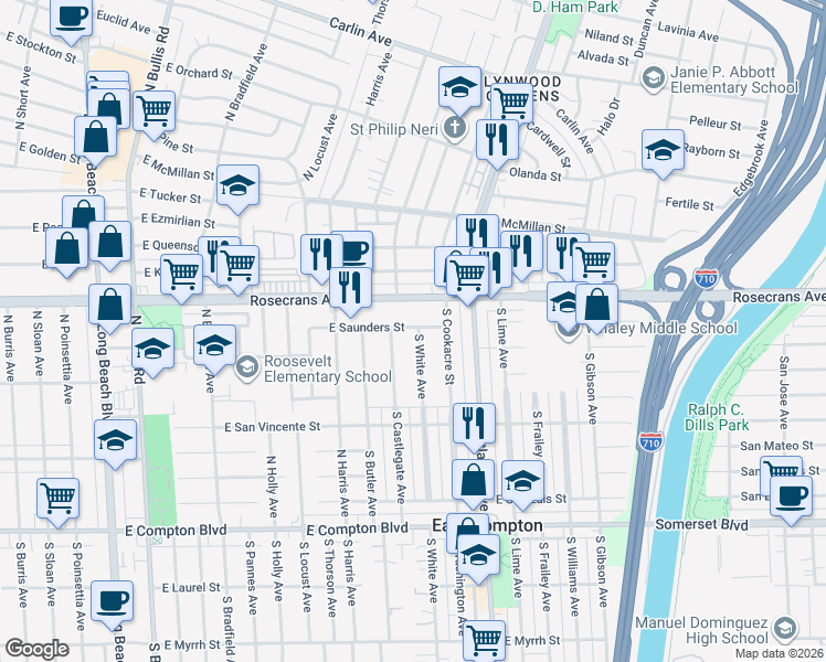 map of restaurants, bars, coffee shops, grocery stores, and more near 14403 South White Avenue in Compton
