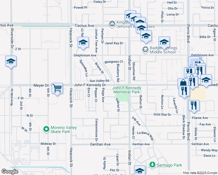 map of restaurants, bars, coffee shops, grocery stores, and more near 24297 Sun Valley Road in Moreno Valley