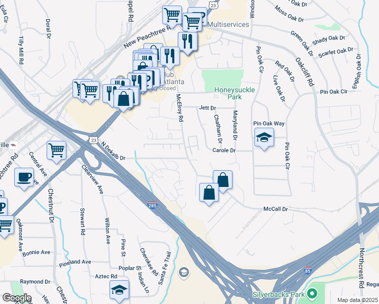 map of restaurants, bars, coffee shops, grocery stores, and more near 3760 Oxford Circle in Doraville