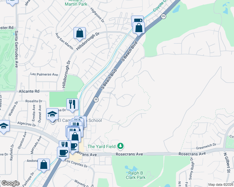 map of restaurants, bars, coffee shops, grocery stores, and more near 2951 Hawks Pointe Court in Fullerton
