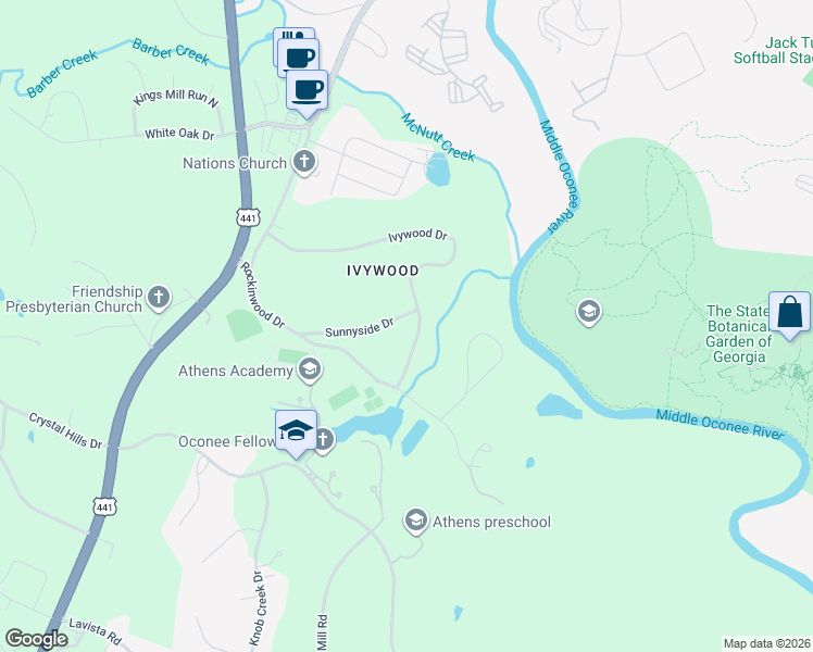 map of restaurants, bars, coffee shops, grocery stores, and more near 1121 Sunnyside Drive in Athens