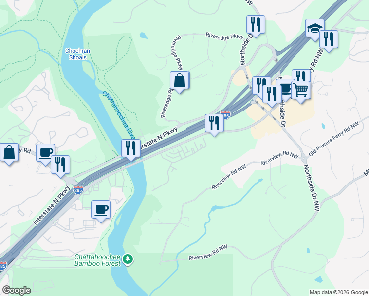 map of restaurants, bars, coffee shops, grocery stores, and more near 6640 Powers Ferry Road Northwest in Sandy Springs