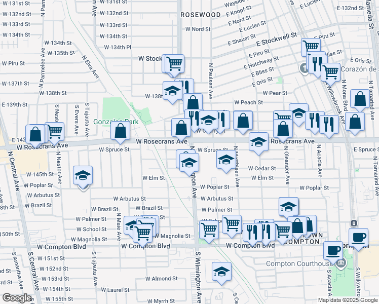 map of restaurants, bars, coffee shops, grocery stores, and more near 730 Rosecrans Avenue in Compton
