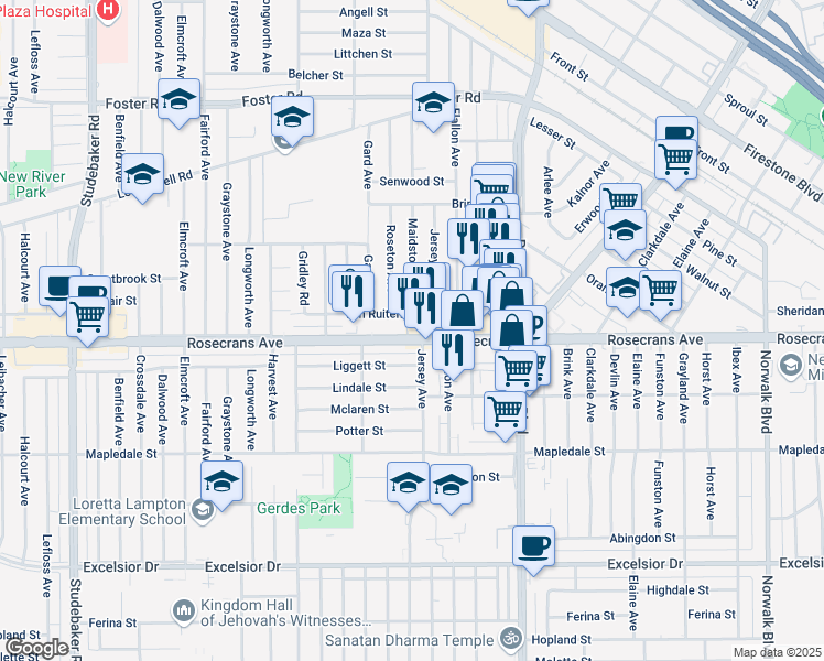 map of restaurants, bars, coffee shops, grocery stores, and more near 14032 Roseton Avenue in Norwalk