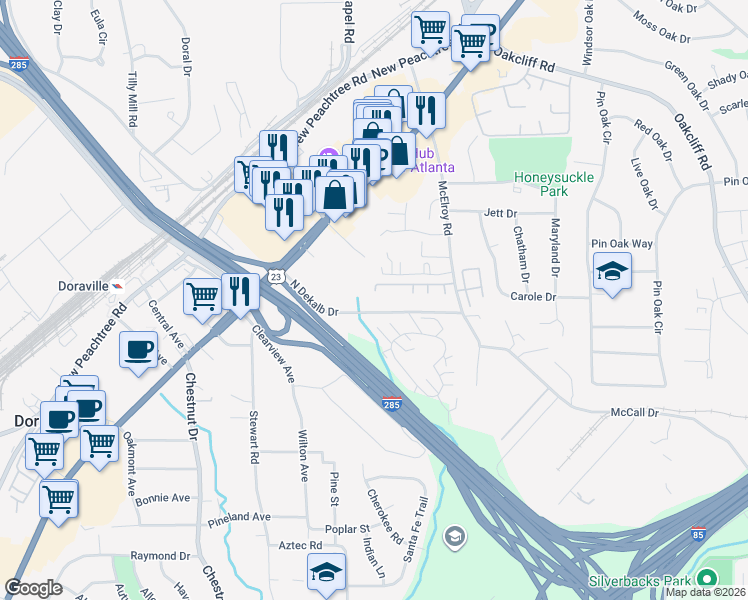 map of restaurants, bars, coffee shops, grocery stores, and more near 2925 Ashlyn Pointe Drive in Doraville