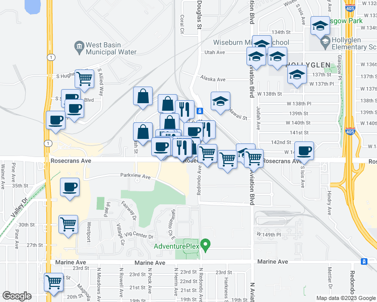 map of restaurants, bars, coffee shops, grocery stores, and more near 2221 Rosecrans Avenue in El Segundo