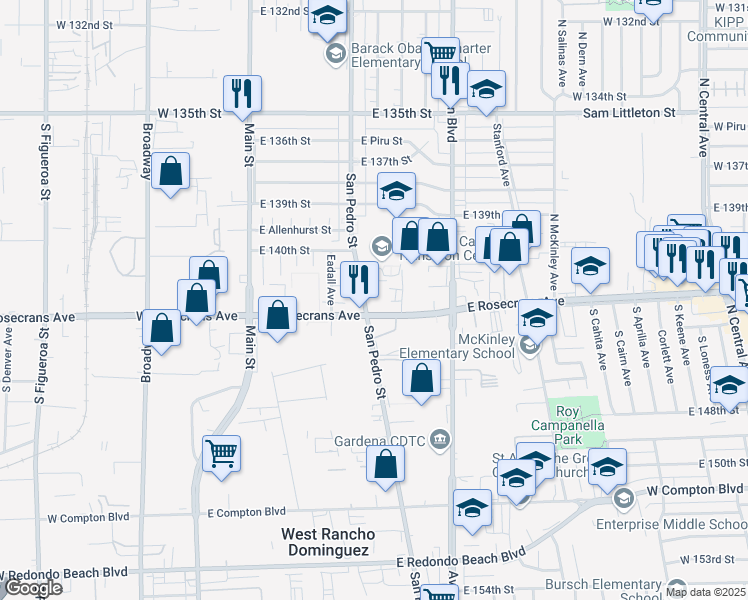 map of restaurants, bars, coffee shops, grocery stores, and more near 405 East Rosecrans Avenue in Gardena