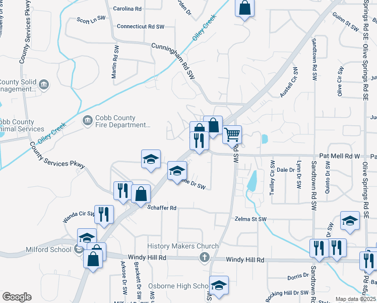 map of restaurants, bars, coffee shops, grocery stores, and more near Austell Rd SE & Pat Mell Rd SW in Marietta