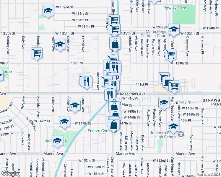 map of restaurants, bars, coffee shops, grocery stores, and more near 14115 Crenshaw Boulevard in Hawthorne