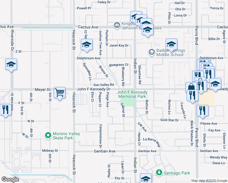 map of restaurants, bars, coffee shops, grocery stores, and more near 24297 Sun Valley Road in Moreno Valley