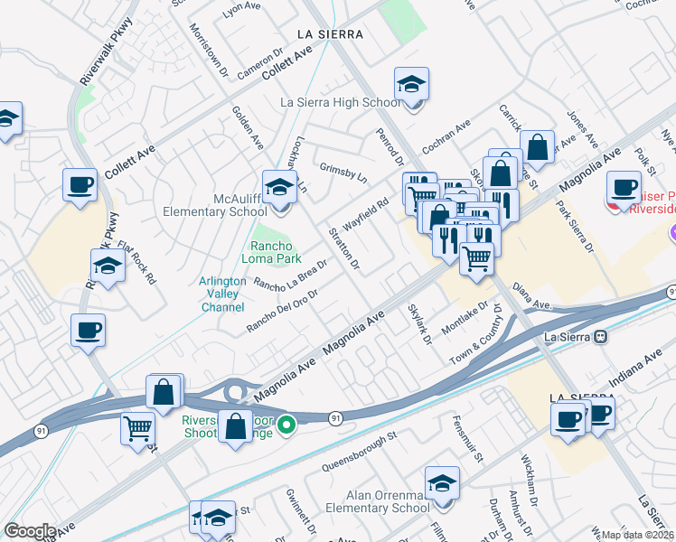 map of restaurants, bars, coffee shops, grocery stores, and more near 11302 Rancho La Brea Drive in Riverside