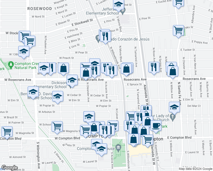map of restaurants, bars, coffee shops, grocery stores, and more near 214 Rosecrans Avenue in Compton
