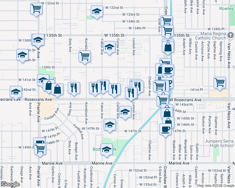 map of restaurants, bars, coffee shops, grocery stores, and more near 14115 Cerise Avenue in Hawthorne