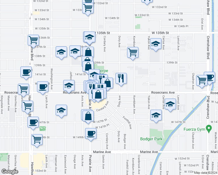 map of restaurants, bars, coffee shops, grocery stores, and more near 14110 Cordary Avenue in Hawthorne