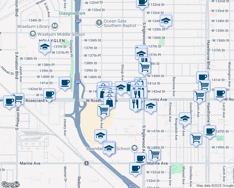 map of restaurants, bars, coffee shops, grocery stores, and more near 4923 West 142nd Street in Hawthorne