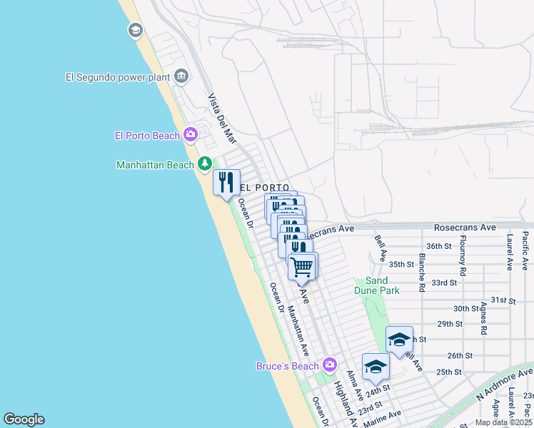 map of restaurants, bars, coffee shops, grocery stores, and more near 244 Kelp Street in Manhattan Beach