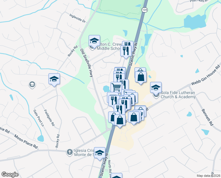 map of restaurants, bars, coffee shops, grocery stores, and more near 1375 Leisure Lake Drive in Lawrenceville