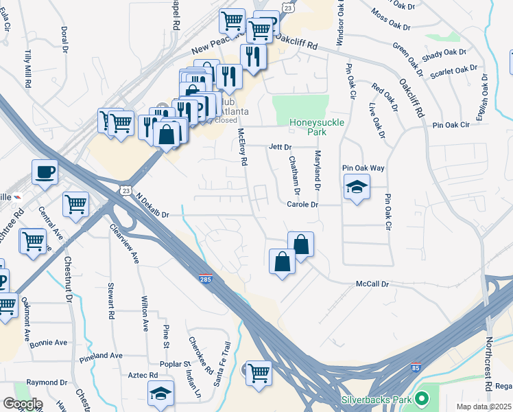 map of restaurants, bars, coffee shops, grocery stores, and more near 3760 Oxford Circle in Doraville