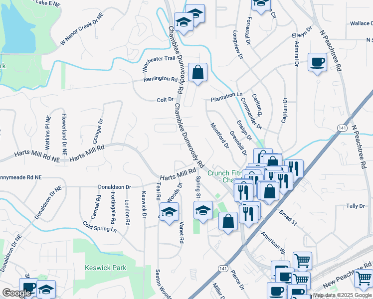 map of restaurants, bars, coffee shops, grocery stores, and more near 3834 Chamblee Dunwoody Road in Atlanta