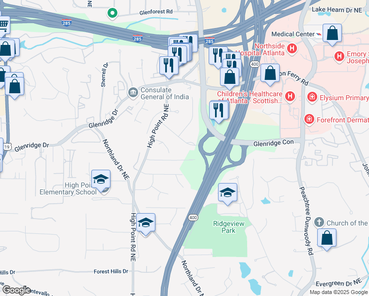 map of restaurants, bars, coffee shops, grocery stores, and more near 55 Bransford Road Northeast in Atlanta