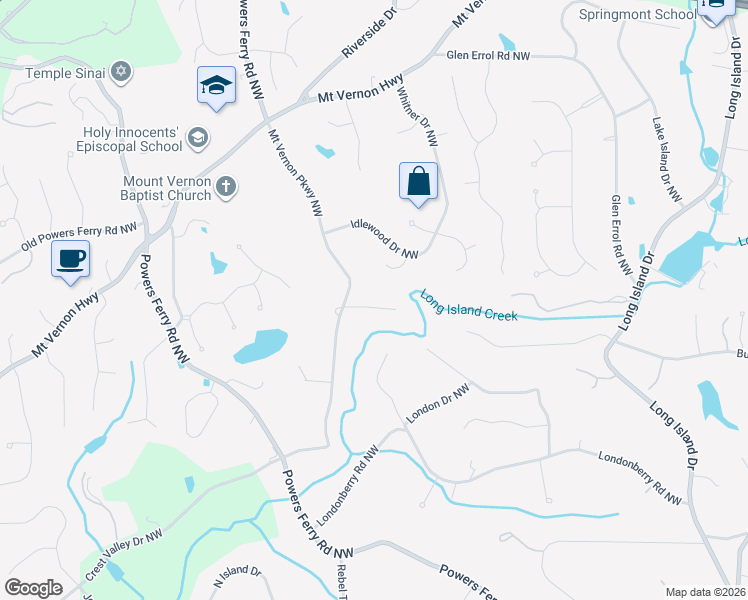 map of restaurants, bars, coffee shops, grocery stores, and more near 5405 Mount Vernon Parkway Northwest in Sandy Springs