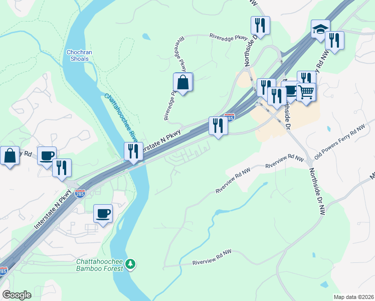 map of restaurants, bars, coffee shops, grocery stores, and more near 6640 Powers Ferry Road Northwest in Sandy Springs