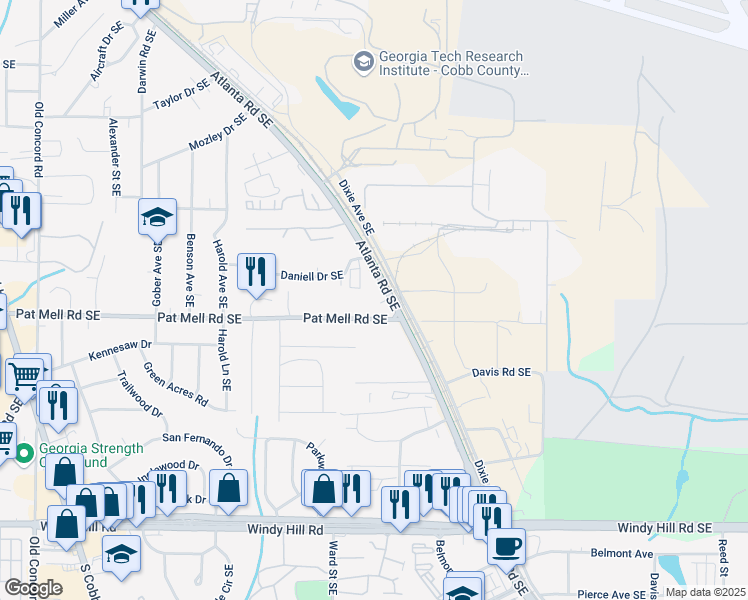 map of restaurants, bars, coffee shops, grocery stores, and more near 2080 Atlanta Road Southeast in Smyrna