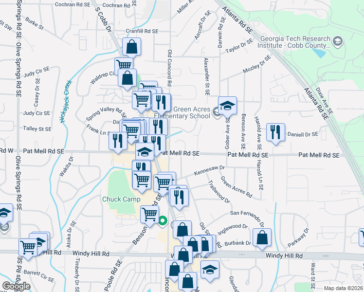 map of restaurants, bars, coffee shops, grocery stores, and more near 3001 Pat Mell Place Southeast in Smyrna