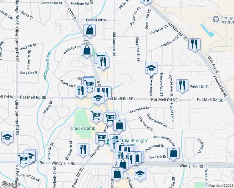 map of restaurants, bars, coffee shops, grocery stores, and more near 6002 Pat Mell Place Southeast in Smyrna