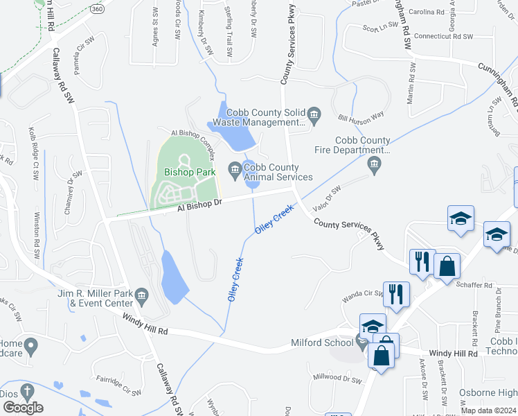 map of restaurants, bars, coffee shops, grocery stores, and more near 1496 Oakpoint Drive Southwest in Marietta