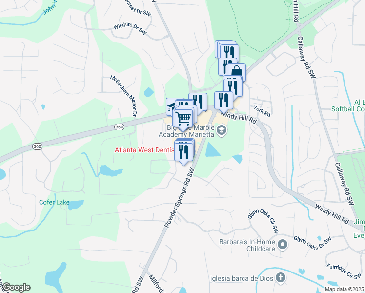 map of restaurants, bars, coffee shops, grocery stores, and more near 2033 MacLand Square Drive in Marietta