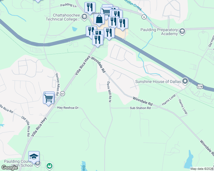 map of restaurants, bars, coffee shops, grocery stores, and more near 56 Roberts Way in Dallas