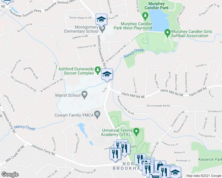 map of restaurants, bars, coffee shops, grocery stores, and more near Nancy Creek Trail in Atlanta