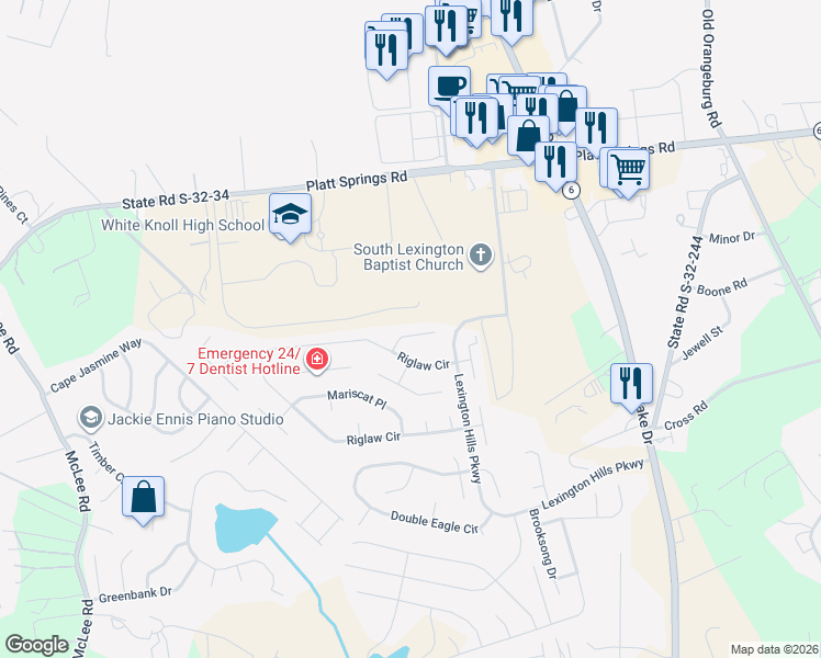 map of restaurants, bars, coffee shops, grocery stores, and more near 113 Hillock Court in Lexington