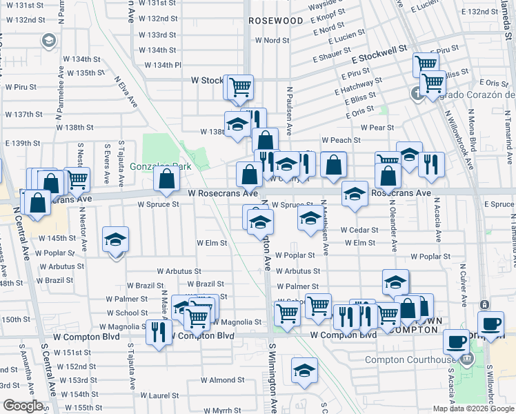 map of restaurants, bars, coffee shops, grocery stores, and more near 806 West Spruce Street in Compton