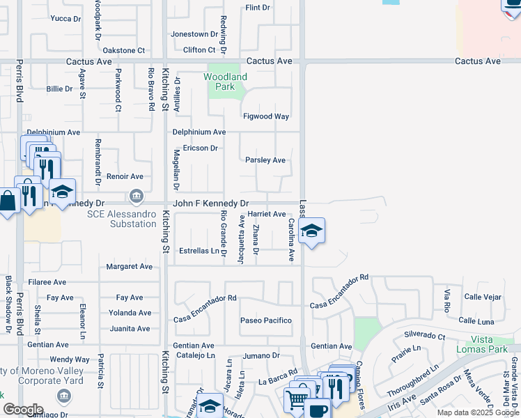 map of restaurants, bars, coffee shops, grocery stores, and more near 25854 Harriet Avenue in Moreno Valley