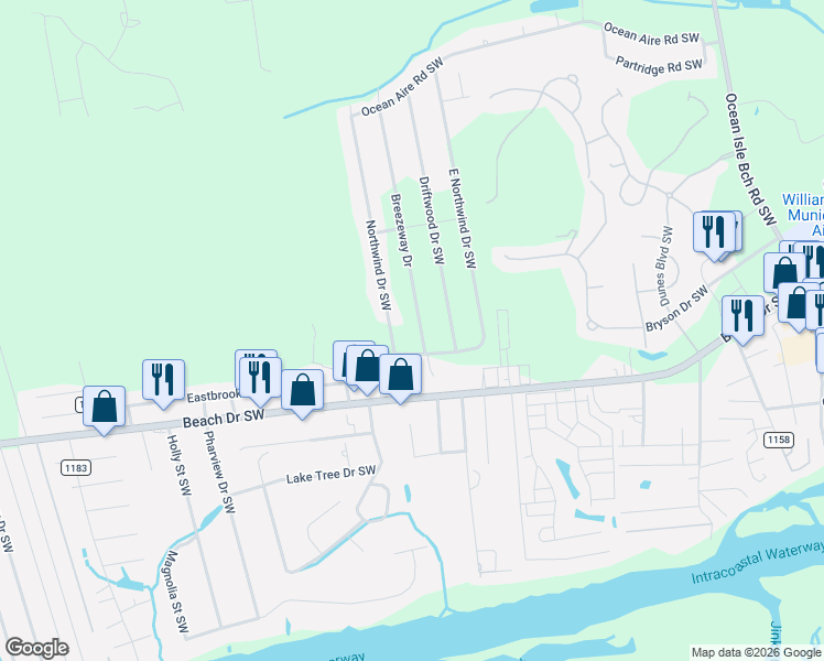 map of restaurants, bars, coffee shops, grocery stores, and more near 1619 Breezeway Drive Southwest in Ocean Isle Beach