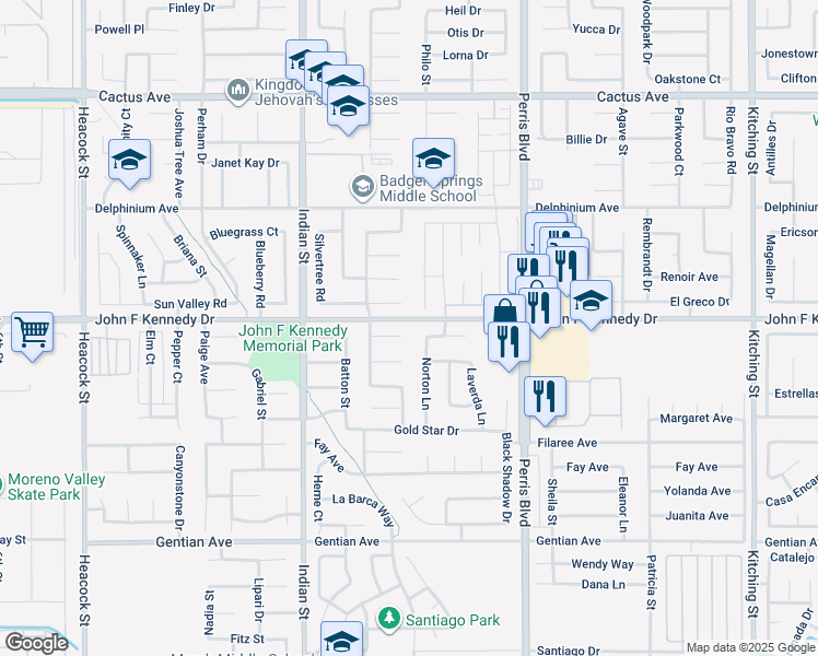 map of restaurants, bars, coffee shops, grocery stores, and more near 24720 Goldston Court in Moreno Valley