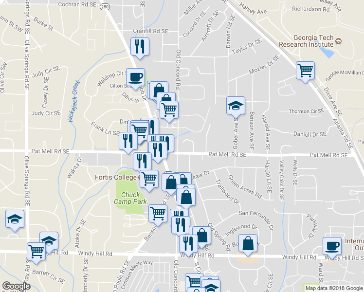 map of restaurants, bars, coffee shops, grocery stores, and more near 6002 Pat Mell Place Southeast in Smyrna