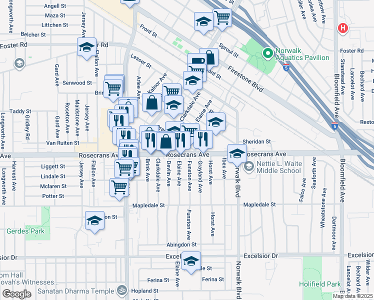 map of restaurants, bars, coffee shops, grocery stores, and more near 12013 Rosecrans Avenue in Norwalk