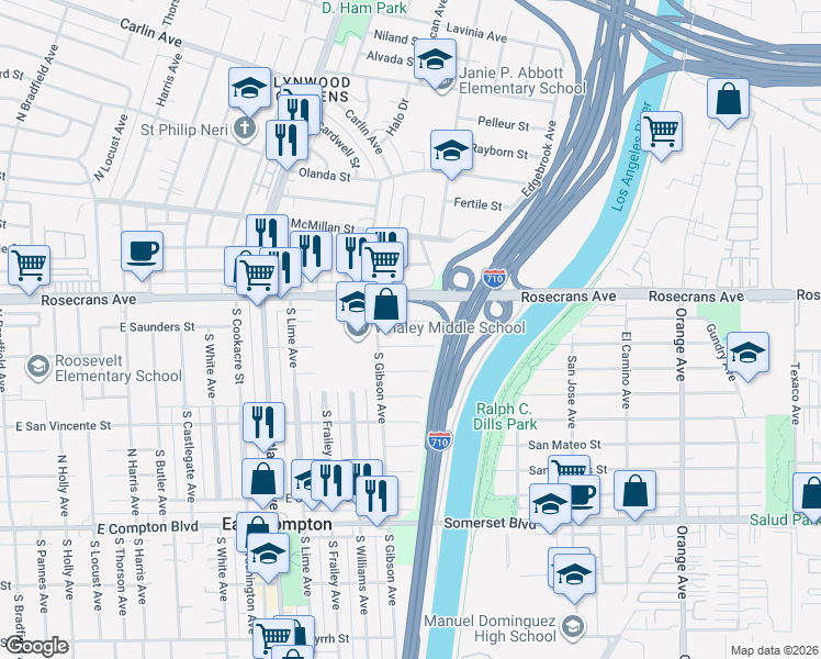 map of restaurants, bars, coffee shops, grocery stores, and more near 4941 East San Rafael Street in Compton