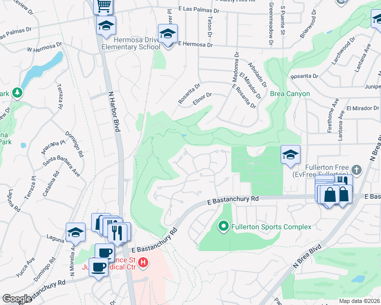 map of restaurants, bars, coffee shops, grocery stores, and more near 413 Thunderbird Court in Fullerton