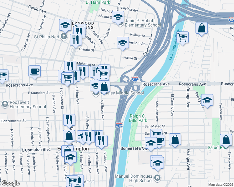 map of restaurants, bars, coffee shops, grocery stores, and more near 4941 East San Rafael Street in Compton