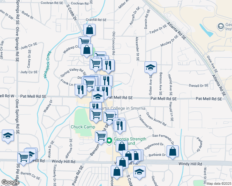 map of restaurants, bars, coffee shops, grocery stores, and more near 5004 Pat Mell Place Southeast in Smyrna