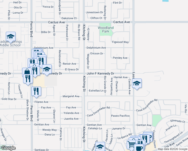 map of restaurants, bars, coffee shops, grocery stores, and more near 25601 Stoneybrook Drive in Moreno Valley